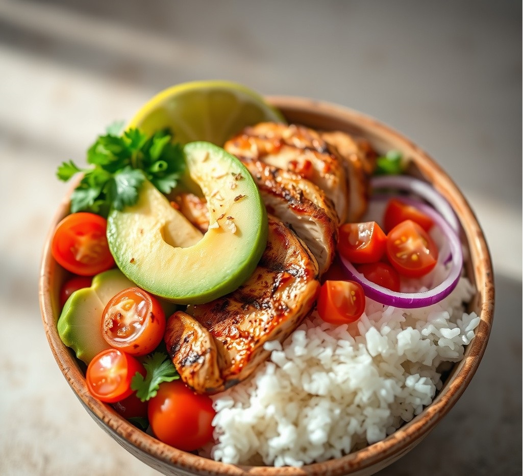 A well-lit image of a delicious Chipotle Lime Chicken Bowl, showing charred chicken pieces nestled on a bed of rice, surrounded by fresh tomatoes, avocado, and herbs
