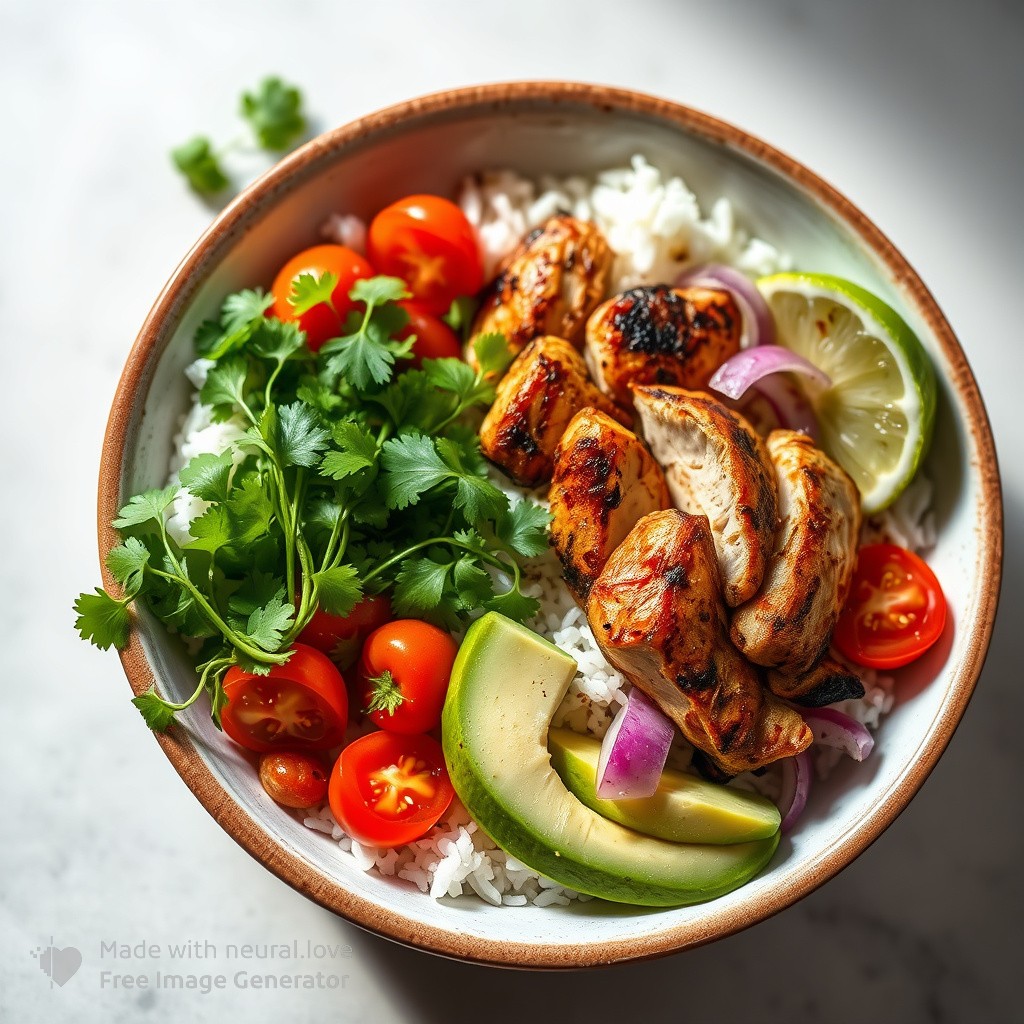 Overhead shot of a healthy chicken bowl with grilled chicken, white rice, cilantro, cherry tomatoes, red onion, and avocado slices, ready to eat.