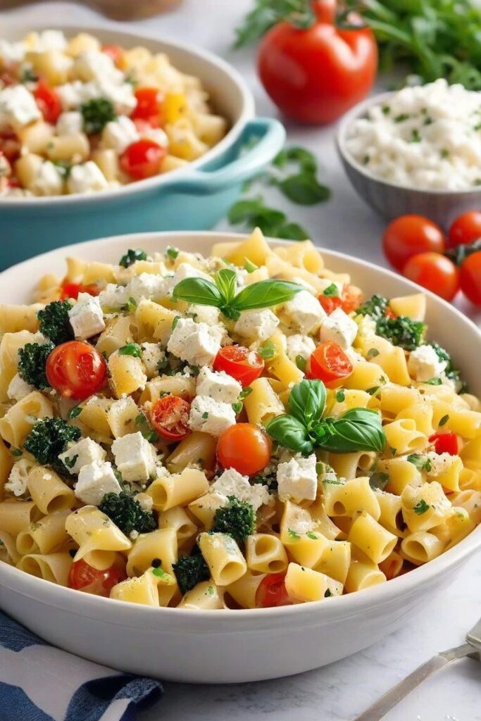Close-up of a perfectly plated dish of penne pasta tossed with fresh cherry tomatoes, crumbled feta cheese, and whole basil leaves, seasoned with freshly ground black pepper.