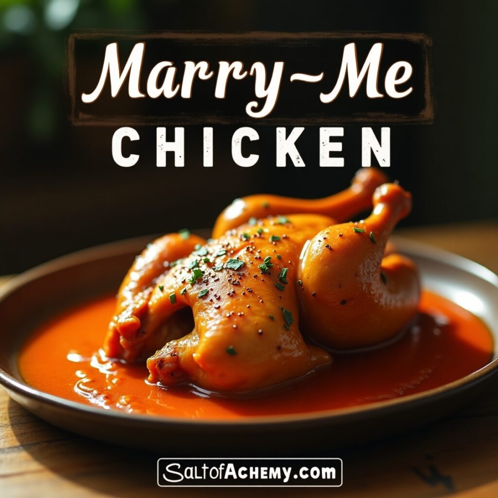 Close-up of tender chicken in a rich, glossy sauce with fresh rosemary and red pepper seasoning.