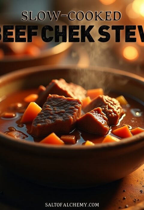 Slow-cooked beef cheek stew served in a rustic bowl with fresh herbs