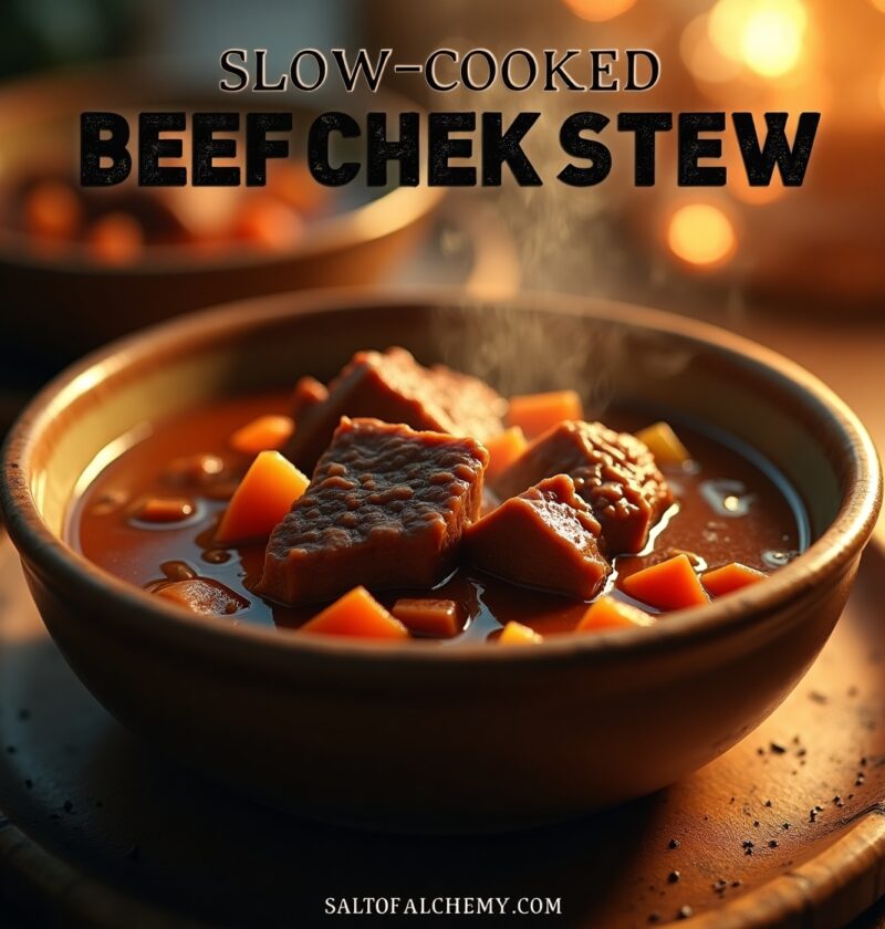 Slow-cooked beef cheek stew served in a rustic bowl with fresh herbs