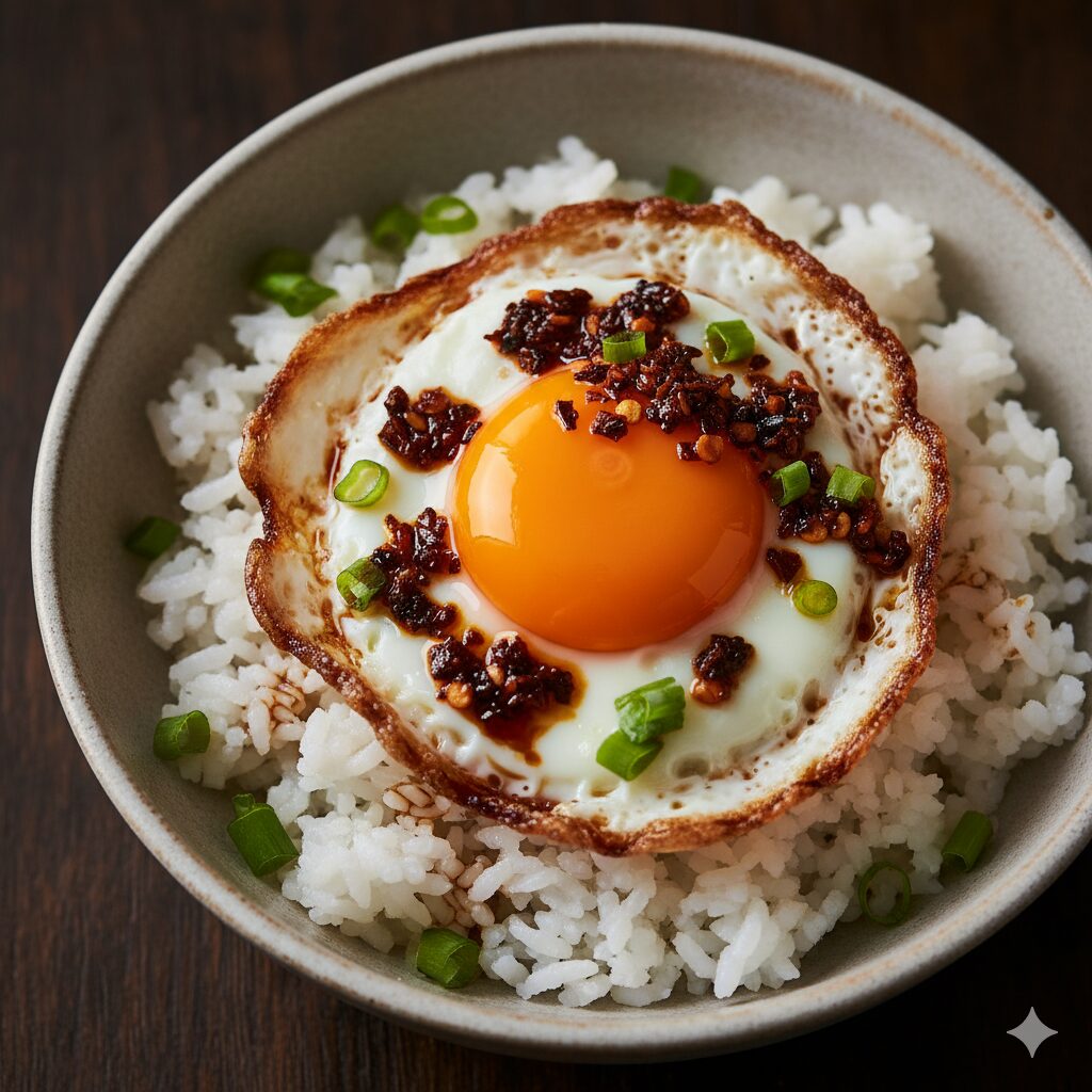 Chili Oil Eggs Bowl, Crispy fried egg with a golden, runny yolk, topped with chili crisp and scallions over fluffy rice