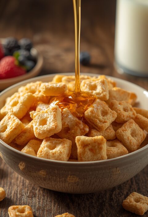 Mini pancake cereal in a bowl topped with a drizzle of syrup, served with fresh berries and a glass of milk