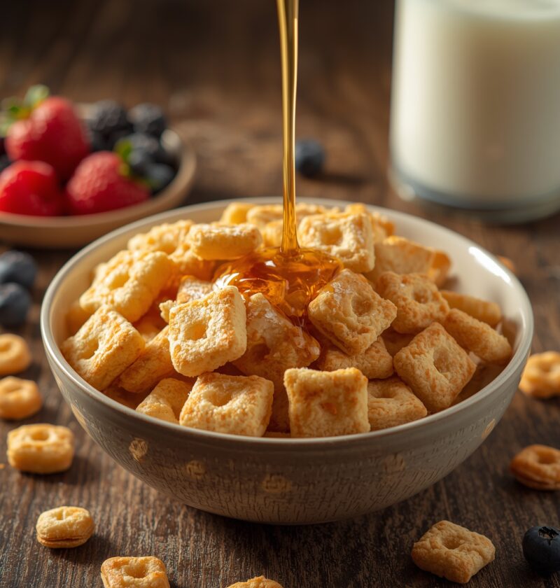 Mini pancake cereal in a bowl topped with a drizzle of syrup, served with fresh berries and a glass of milk